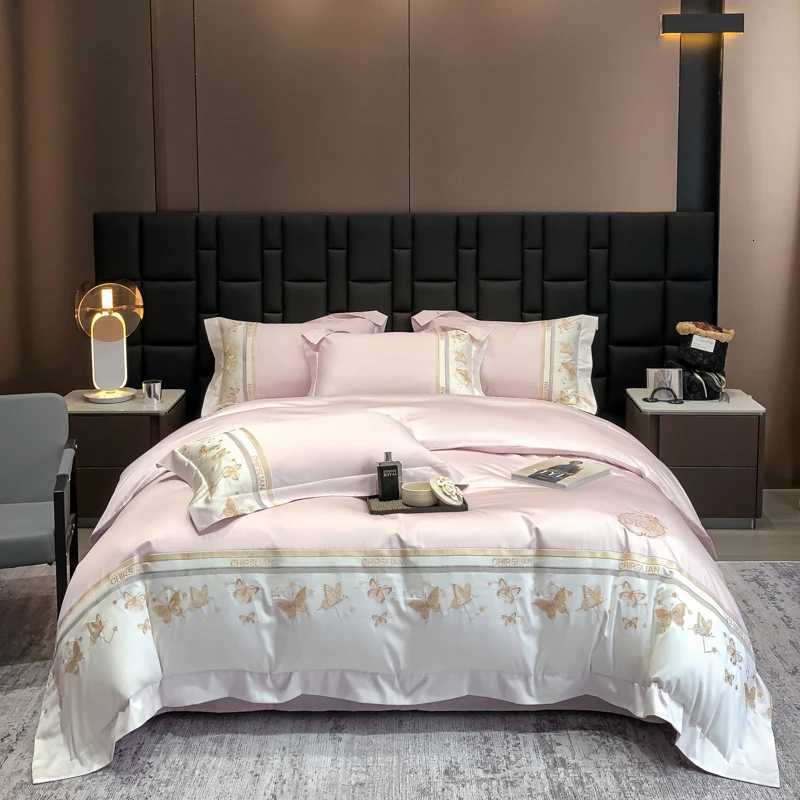 Designer 100 Cotton Bedding Set Luxury Golden Butterfly Embroidery Quilt/Duvet Cover Fitted Bed Sheet Sets Pillowcases Home Textile Y251106