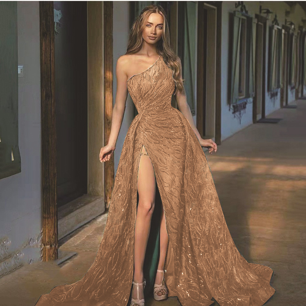 2025 Spring/summer New Womens Slant Shoulder Split Long Skirt Toast Dress Sparkling Strap Evening Dress