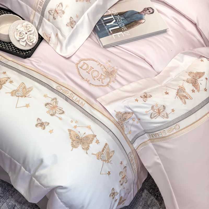 Designer 100 Cotton Bedding Set Luxury Golden Butterfly Embroidery Quilt/Duvet Cover Fitted Bed Sheet Sets Pillowcases Home Textile Y251106