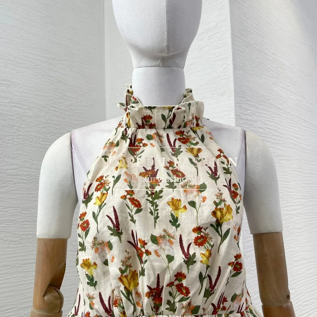SS high-quality pure linen top and skin set beige ruffled floral print collar sleeveless suspender womens holiday set 250402