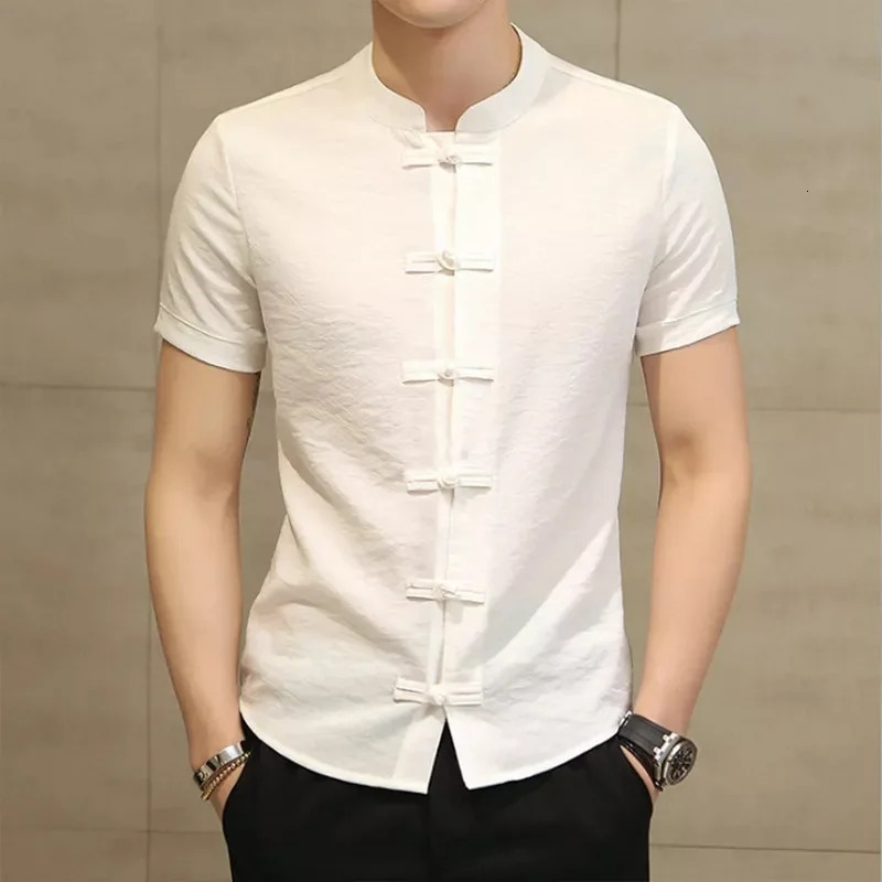 Summer Chinese style button solid color short sleeved mens Korean version fashionable casual T-shirt 250402