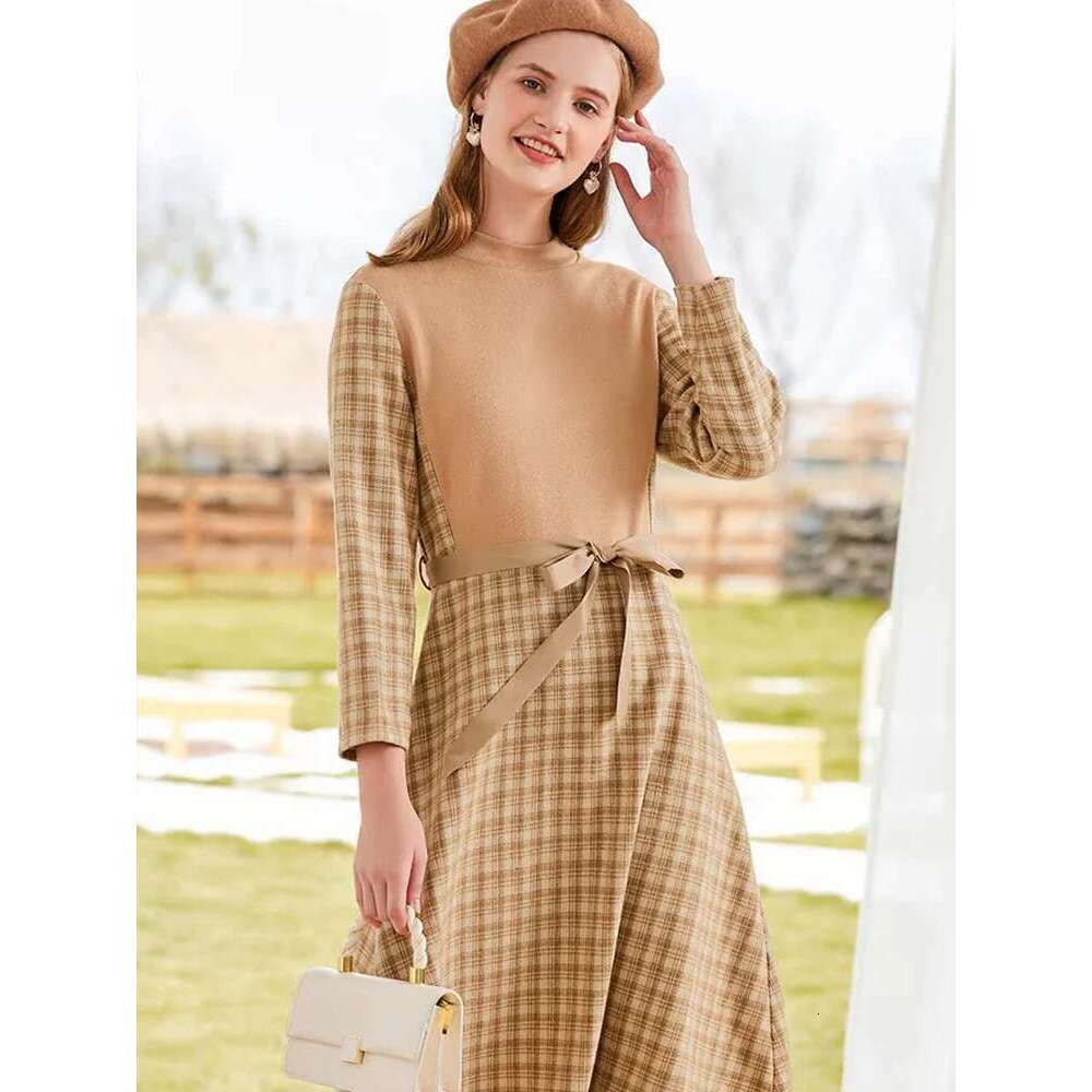 Women Dresses New Autumn Fake Two Wrist Plaid Winter Waist Slim Lace-Up Temperament Chic Dress