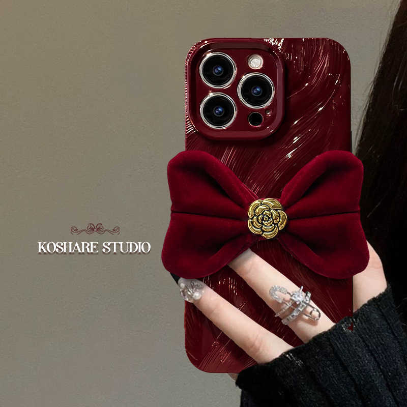 Camellia Bowknot Compatible with 16 Pro Phone Case 15 New Year 14 Wave Feather Gauze 1312 Silicone Shockproof J251202