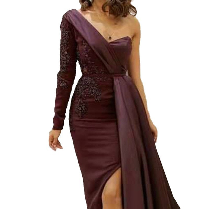 2025 New Summer Dress for Dinner Party One Shoulder Style Slit to Show Off Slimming Plus Size Slim Fit Evening Dress