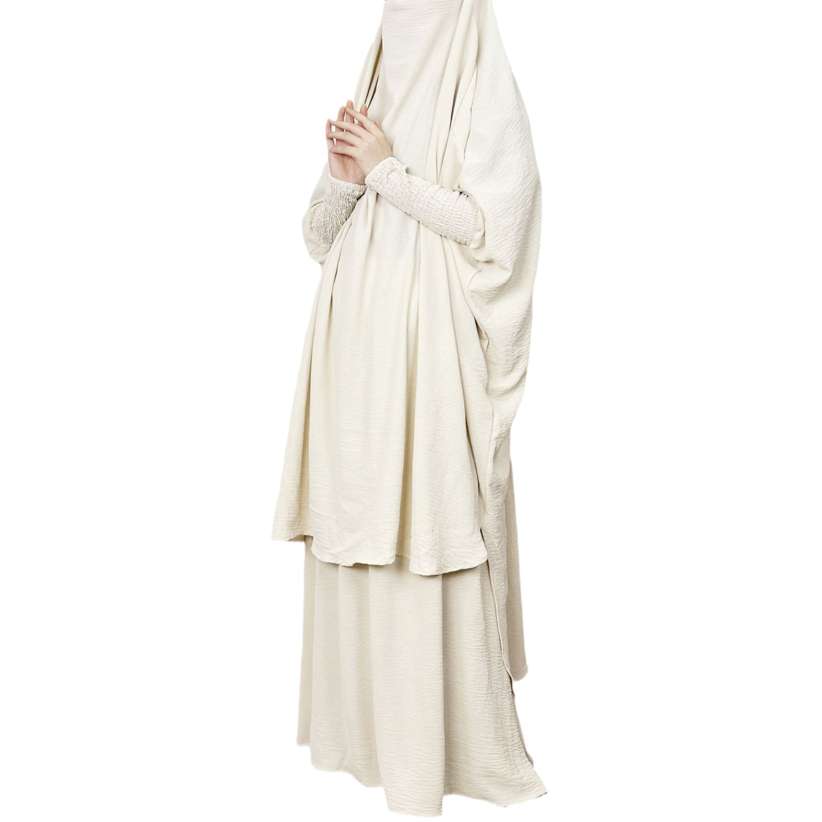 Solid Colored Long Robe With Ice Silk Wrinkled Lantern Sleeves, Loose And Comfortable Two-Piece Women's Skirt Set Abaya Maxi Dresses Islamic Clot