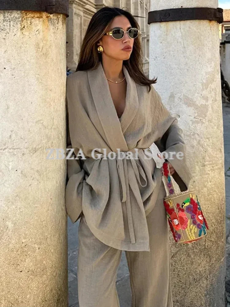 ZBZA womens textured lace top pants set lapel long sleeved shirt stretch elastic loose wide leg fashionable clothing 250403