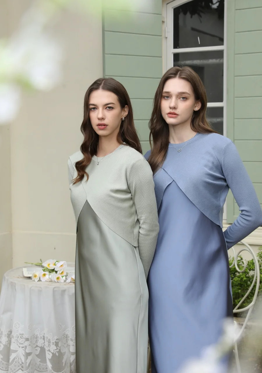 Spring/Summer Elegant Satin DressKnitted Top Matching Set Maxi Floor Length Womens Dress 250403