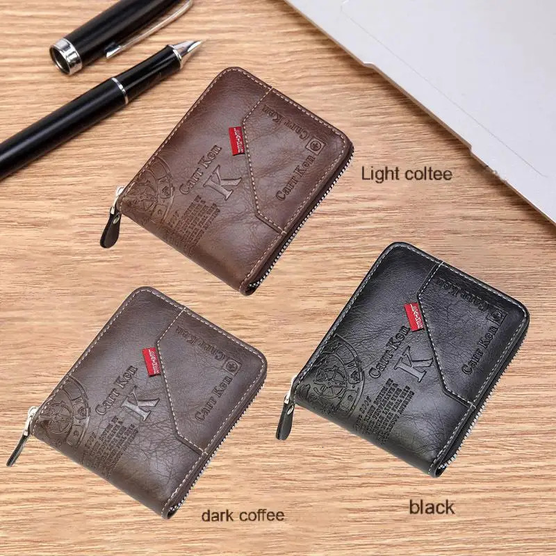 Mens PU Waxed Oil Leather Wallet Short Bifold Coin Purse with All-Around Zipper for Cash Cards 251105