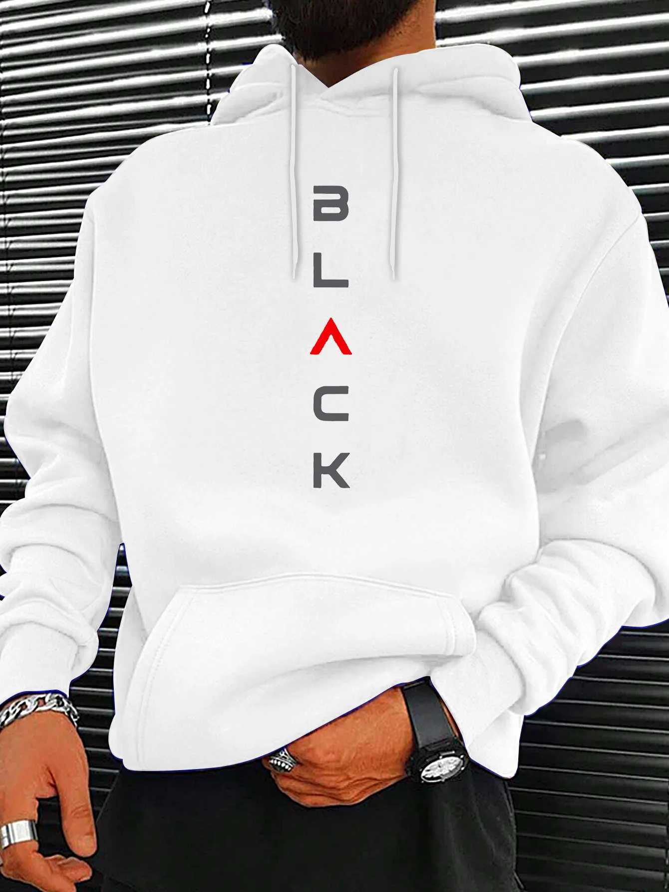 Mens autumn and winter casual fashion loose BLACK letter pattern printed long sleeved hooded sweatshirt warm pullover W251106