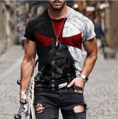 2025 New Mens Wear China-Chic Star Flag Printed Round Neck Pullover Short Sleeve T-shirt Top