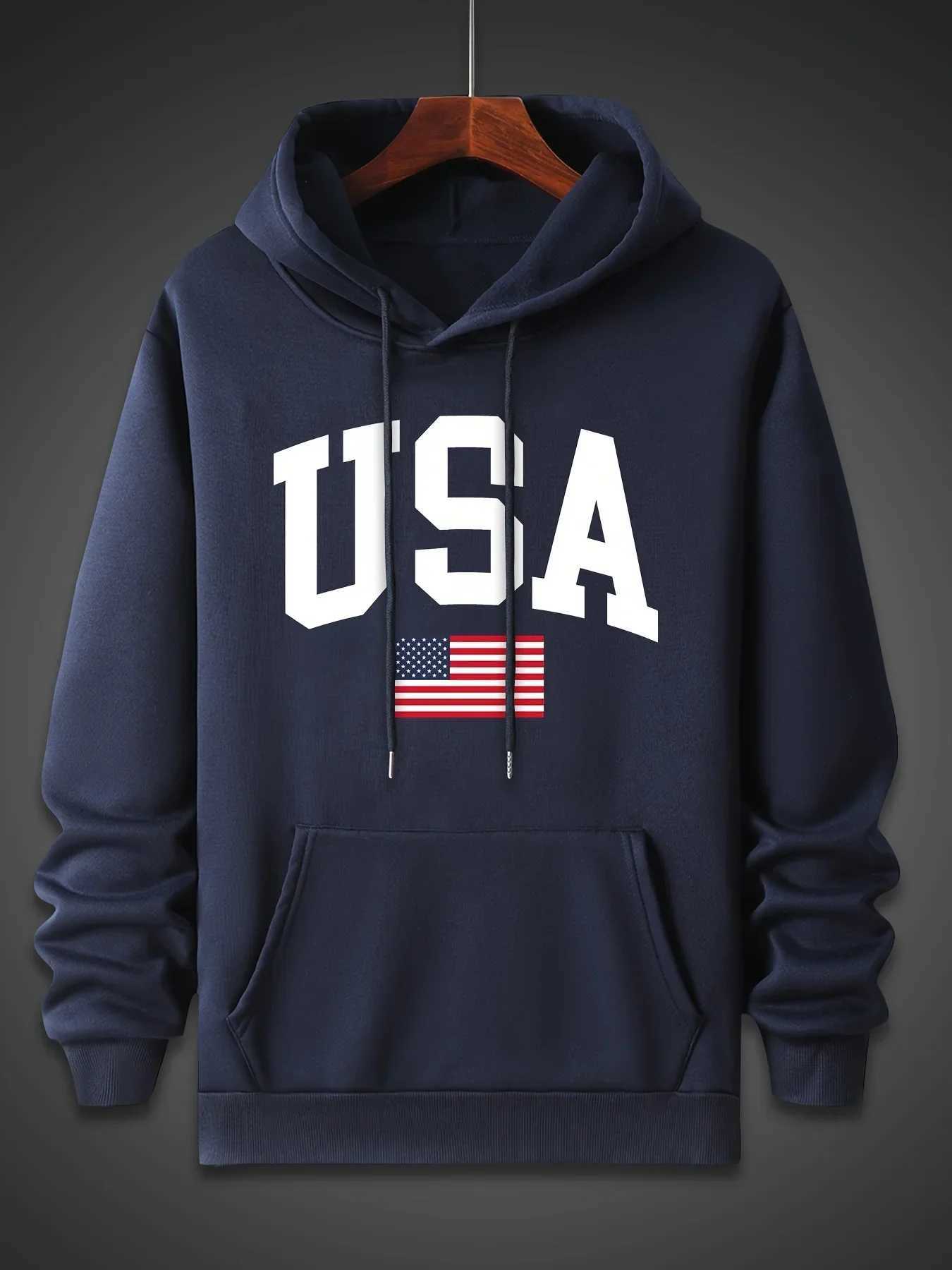 Mens autumn and winter fashionable casual loose oversized American flag printed pullover hooded long sleeved sweatshirt W251106