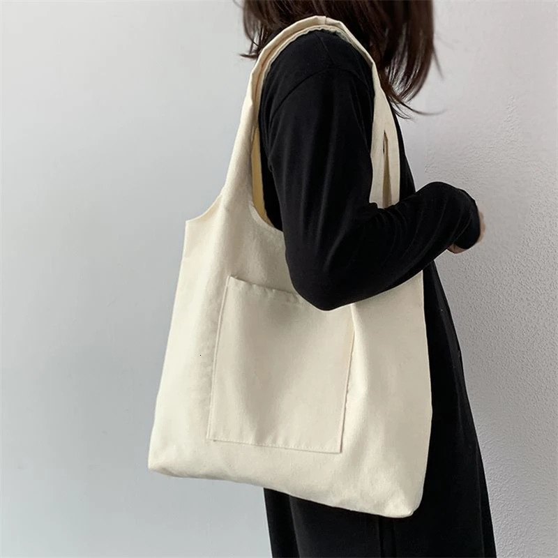 Womens shopping bag canvas commuting vest cotton white black series supermarket grocery handbag school 250401