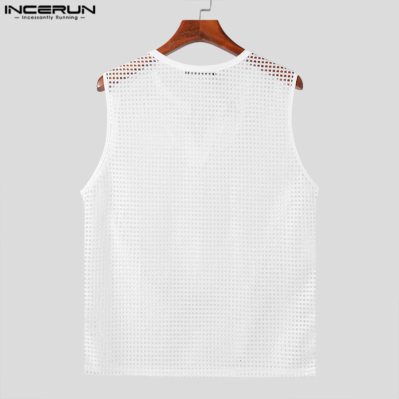 Mens Tank Top Mesh Hollow Solid V-neck Sleeveless Summer Mens Tank Top Transparent Fashion Mens Clothing INCERUN 250403