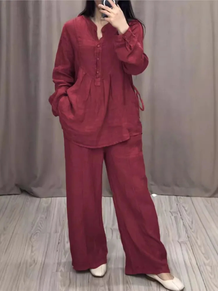 Womens 2-piece Fashion Office Womens Cotton Linen Long Sleeve Casual Loose Wide Leg Pants Set Spring/Summer Womens Set 250401