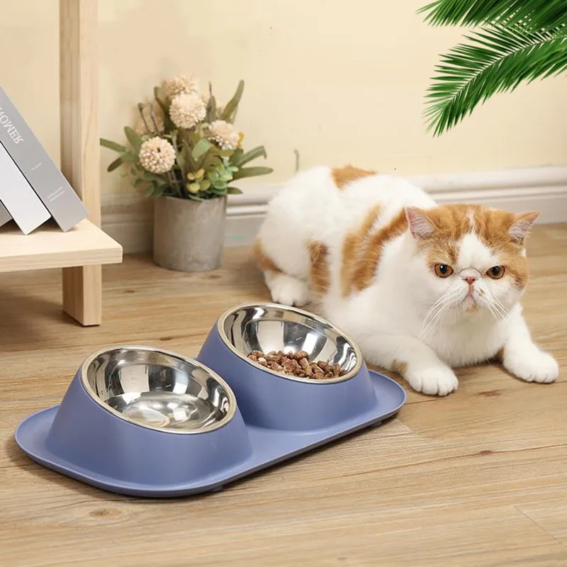 Pet Bowl Stainless Steel Double Pet Feeding Bowl Feeding Rack Tableware Bowl Used for Cat and Dog Accessories Feeding Household Applications 250403