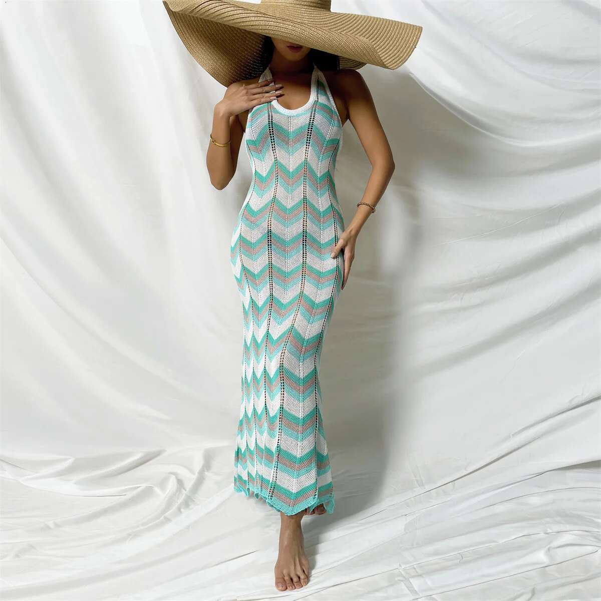 Summer Sexy Knitted Strap Backless Long Beachwear Women Dress Zigzag Breathable Tie Female Missony Beach Pool Clothes