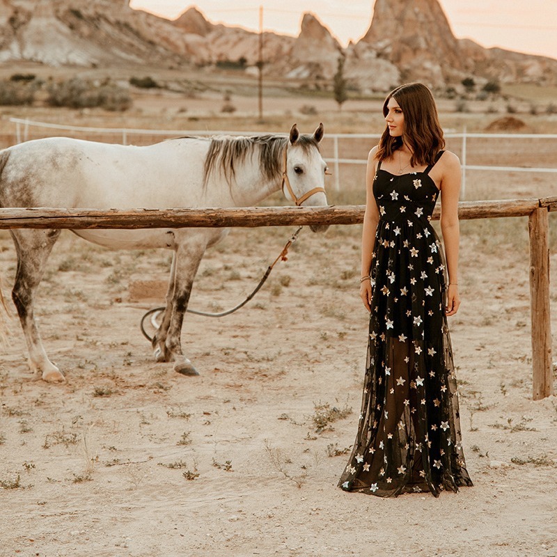 2025 Summer New Womens Clothing Pentagram Mesh Suspender See Through Dress Temperament Long Skirt