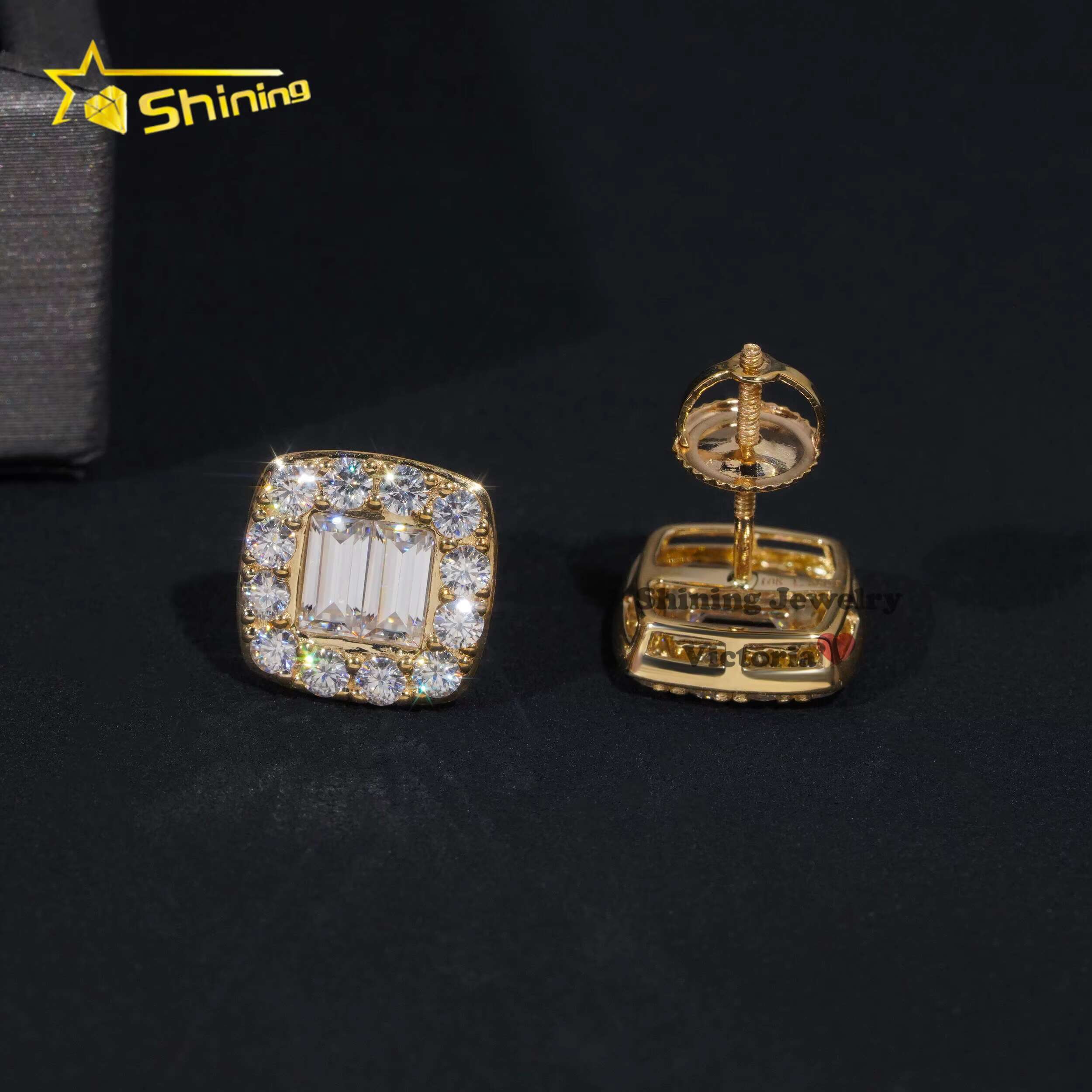 Baguette Lab Grown Dia Iced Out Jewelry 10K 14K Soild Gold Hip Hop Moissanite Stud Earrings
