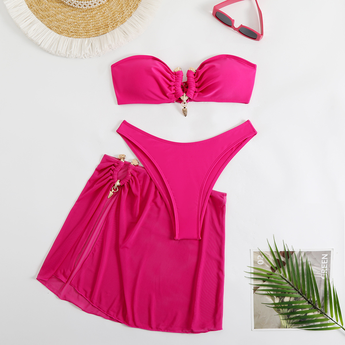 2025 new solid color strapless gathering bikini beach skirt three piece swimsuit set