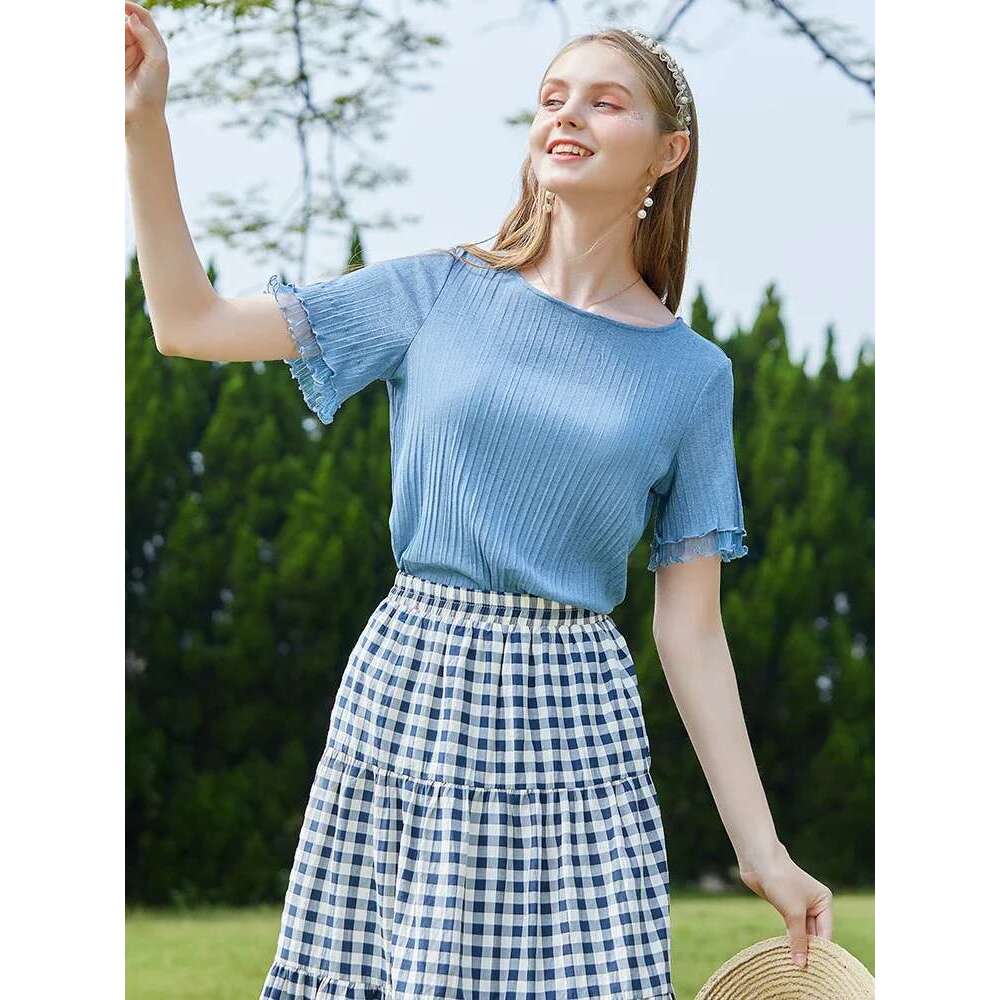 Summer New Women's T-Shirt Sweet Edible Fungus Short Sleeve Solid Slim V-Neck Elegant Knitted Tops