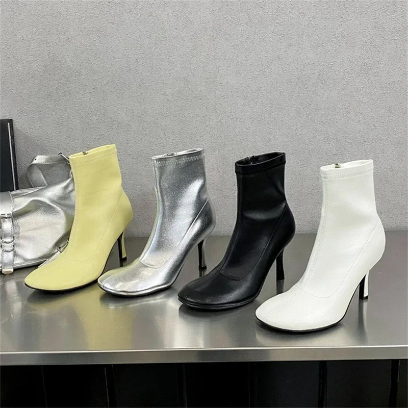 Spring Autumn SEXY Round Toe Women Ankle Boots Concise Thin High Heels Shoes Fashion Side Zipper Short Booties 251105