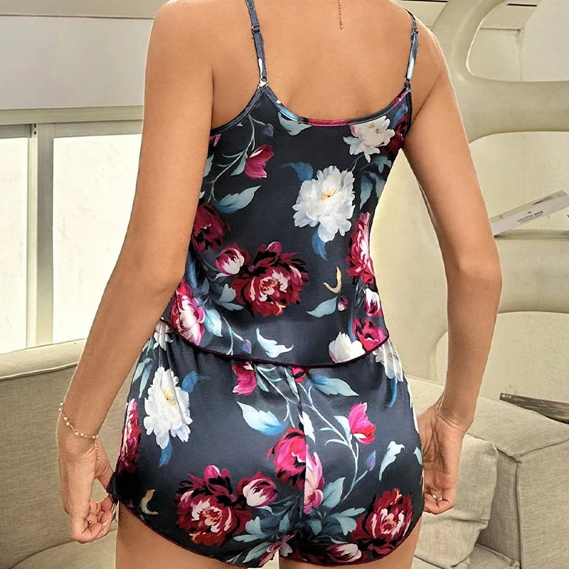 Summer Floral Print Sleepwear 2pcs Pajama Set Women Sexy V-Neck Satin Pj Sets Camisole With Shorts Nighties Lingerie Loungewear 250402