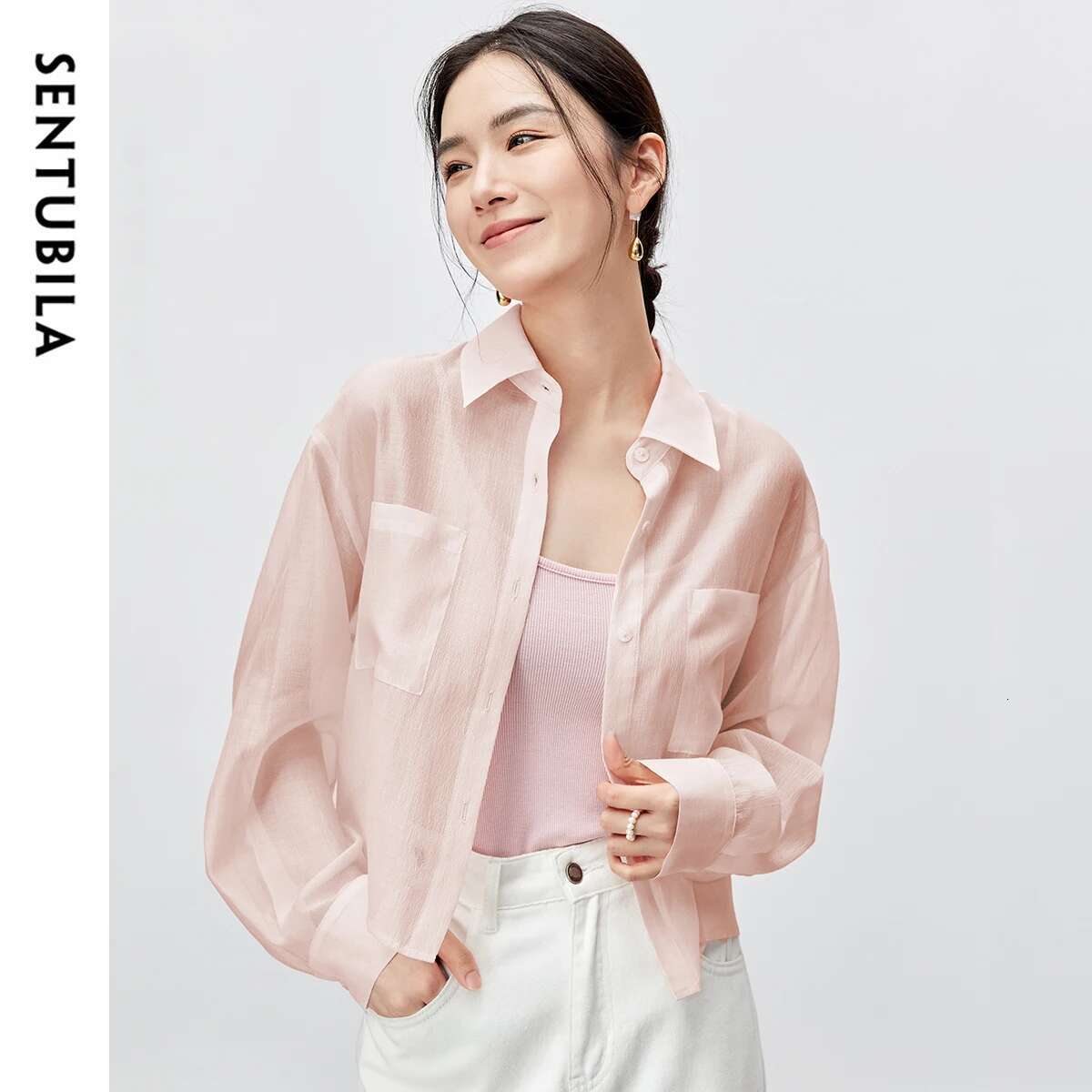 SENTUBILA Lyocell Women Shirt 2025 Spring Summer Lapel Neck Long Sleeve Crop Solid Pockets Lace-up Female Cozy Blouse 142C54323