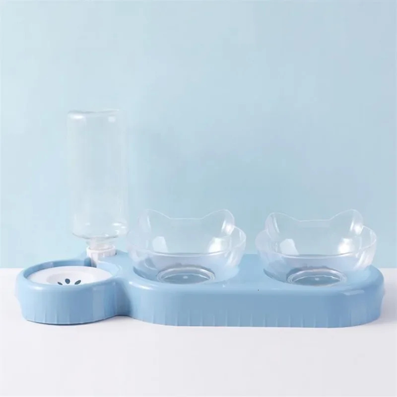 Three cat bowl pet feeder 2-in-1 double bowl with automatic drinking bottle tilting and rotating suitable for cats and dogs 250403