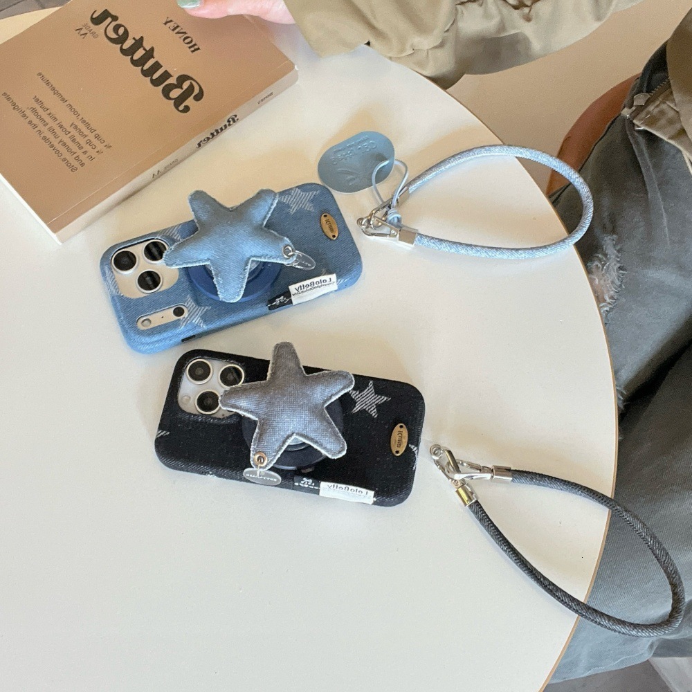 Denim Magnetic Star Stand Phone Case Compatible with iPhone 17/16 Pro Max Solid Color Lanyard Case iPhone 15/14 Pro