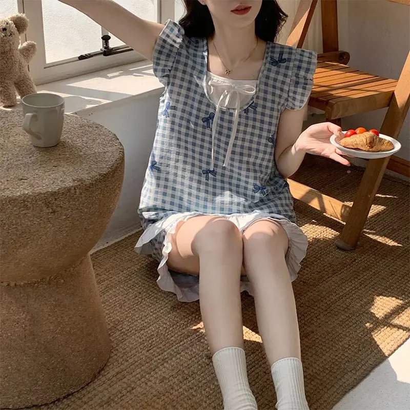 Cute Pajamas Blue Plaid Bow Short Sleeve Nightwear Pullover T-Shirt Shorts Two-Piece Set Japanese and Korean Fashion Sleepwear 250402