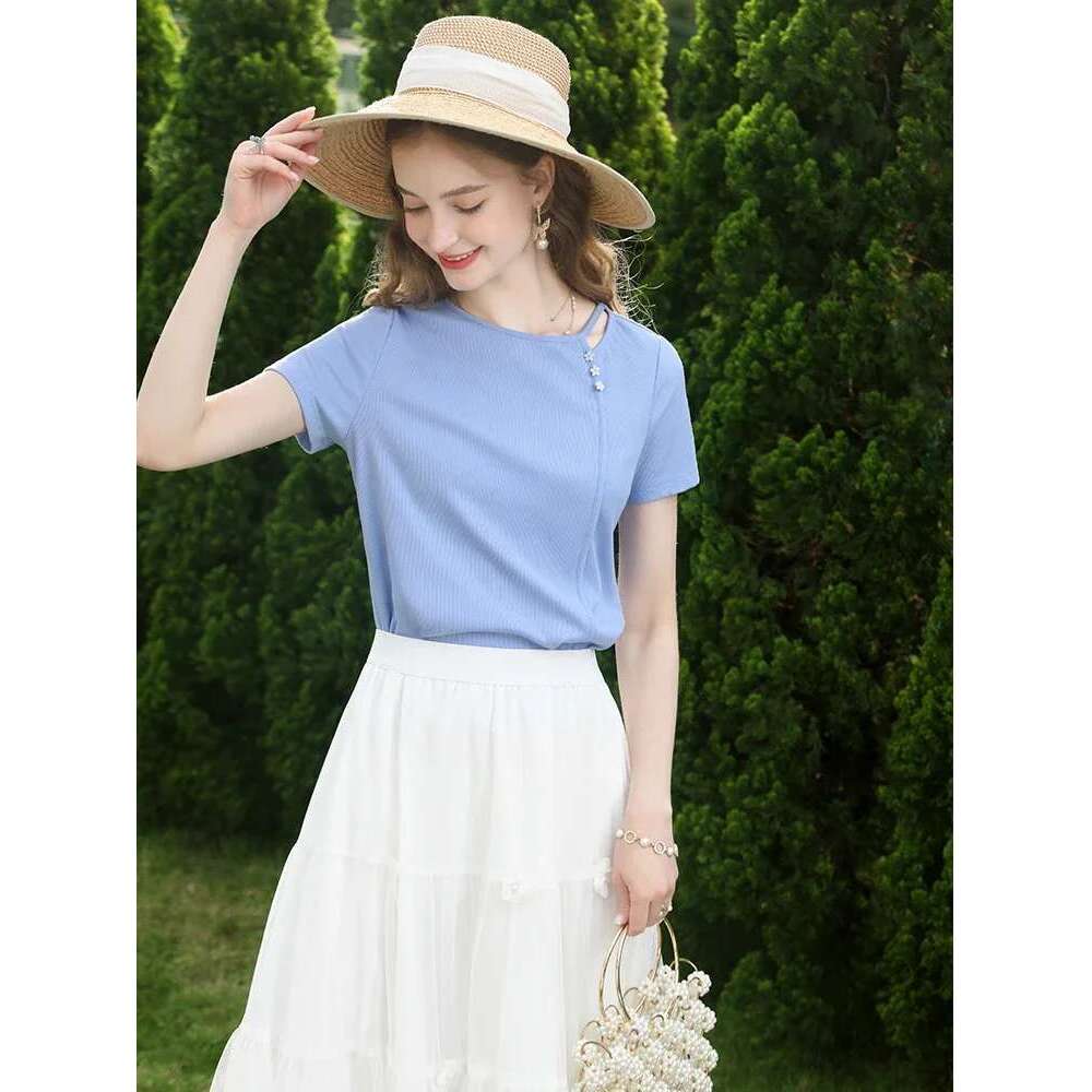 Tees for Women Summer New Knitted T-shirts Chic Short Sleeves Slim Solid Office Lady Casual Tops