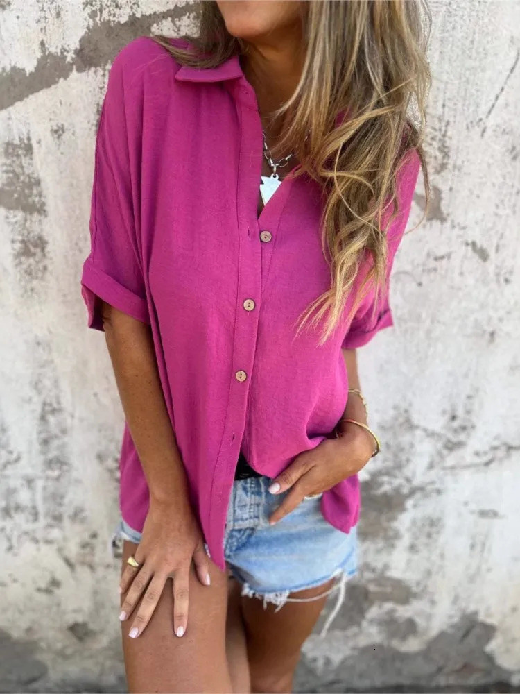 Casual Solid Shirt Top Female Fashion Office Short Sleeve Button Shirts Tops For Women Summer Holiday Womens Clothing 2025 250402