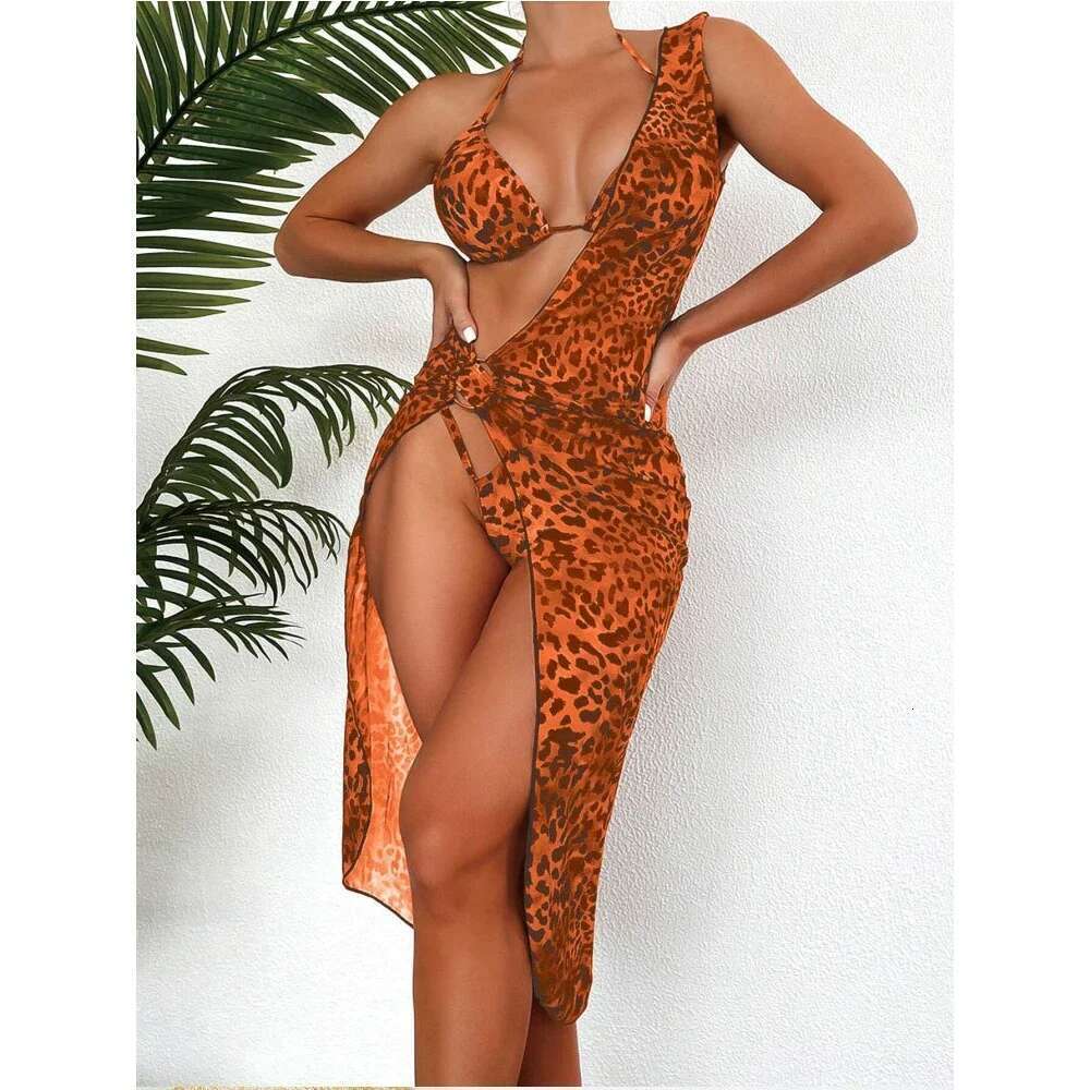 Sexy Leopard 3-piece Swimsuit Women 2023 Sunscreen Mesh Split Bikini Long Beakirt Triangle Cup Halter Backless Bathing Suit