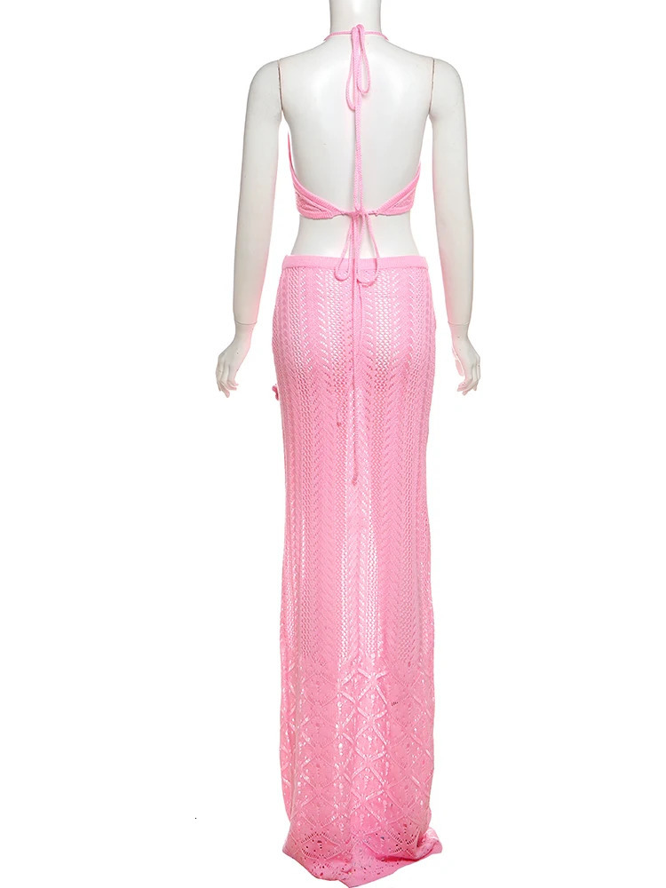 Sisterlinda Beach Knitted 2piece Summer Trend Stickers Strap Crop CanTransparent Maxi Ski Womens Matching Vacation Set 250403