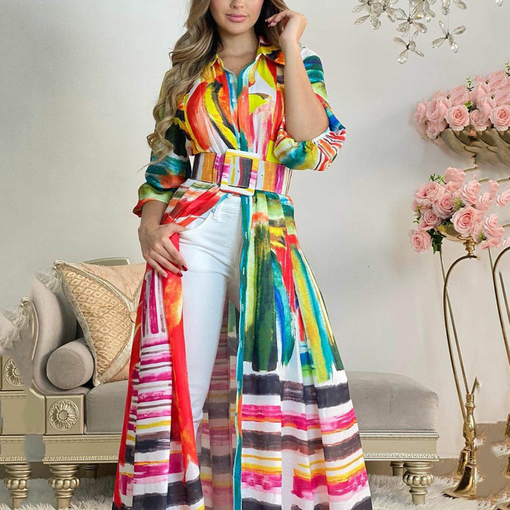 2025 Womens New Colorful Printed Strap Long Shirt Dress Loose Cardigan Long Skirt