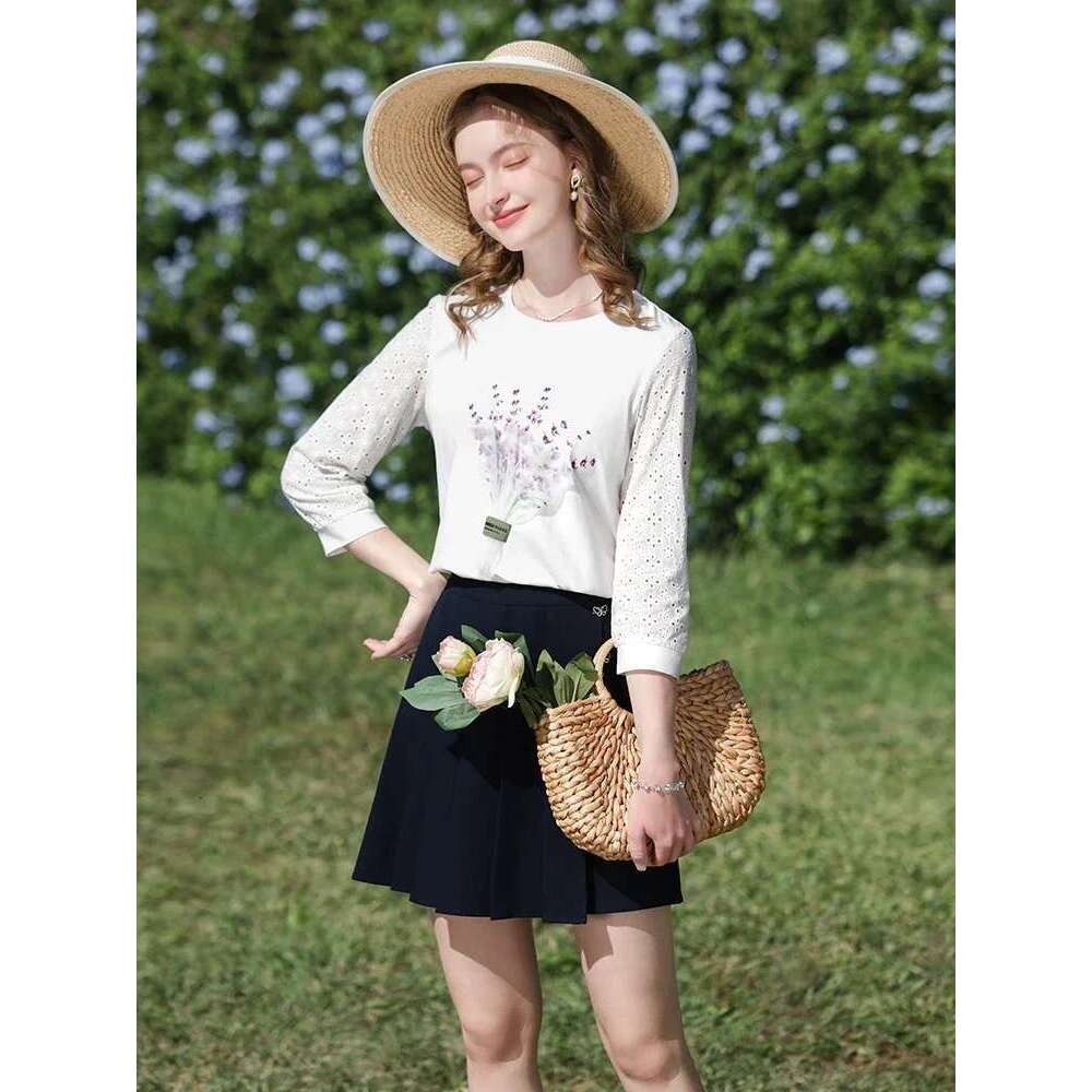 Hollow Out Splicing Printed Women's T-Shirts Clothes Female Spring New Unique Chic Slim Tops