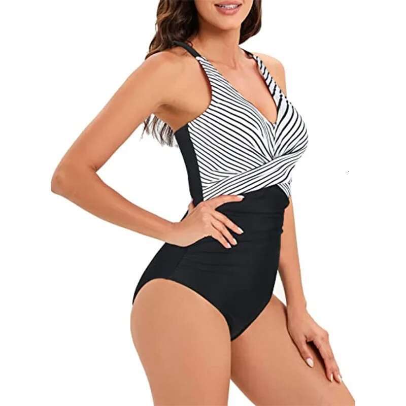 Sexy Stripe Patchwork Swimwear Women 2024 V-neck One Piece Bikini High Waist Slim Monokini Summer Suspender Backless Beachwear