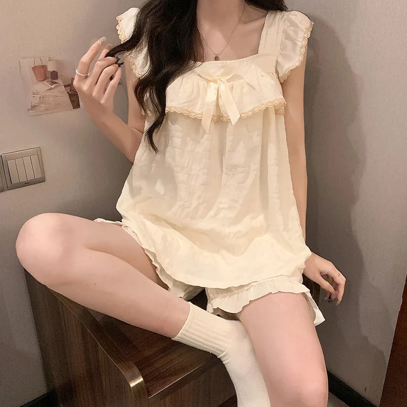 Pajamas Women Summer with Corset Woven Cotton French Suspenders Shorts Summer Comfortable Sweet Princess Style Loungewear 250402