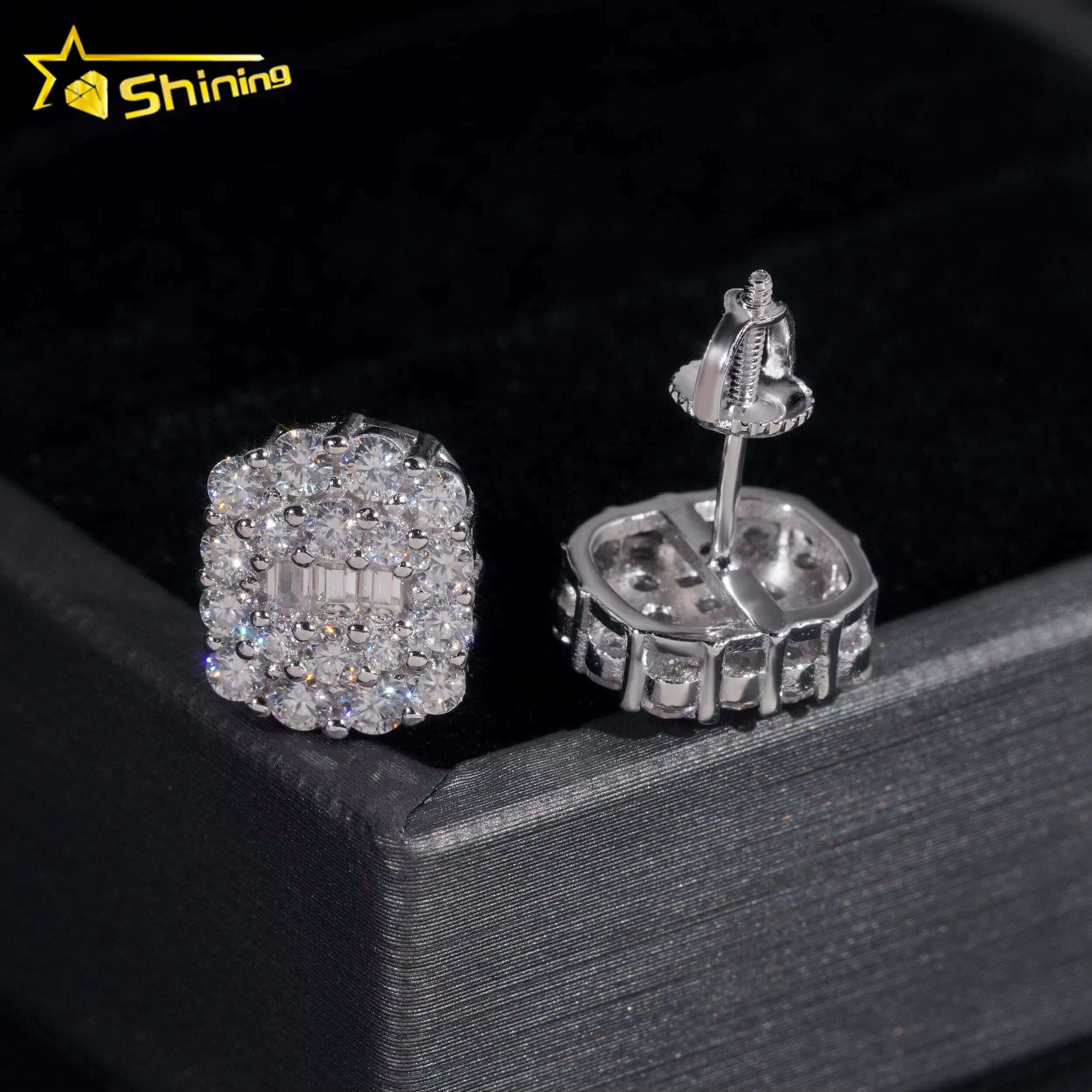 Promotion Price Pass Dia Tester GRA Certified Fully Iced Out Hip Hop Sier Jewelry Baguette Moissanite Stud Earrings