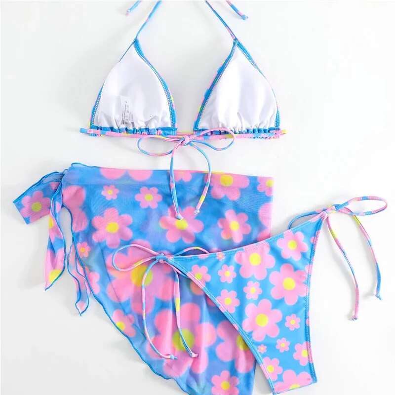 Sexy wer Print Low Waist Swimsuit Women 3-Piece Bikini Triangle Cup V-neck Suspender Backless Summer Beach Bathing Suit 2024
