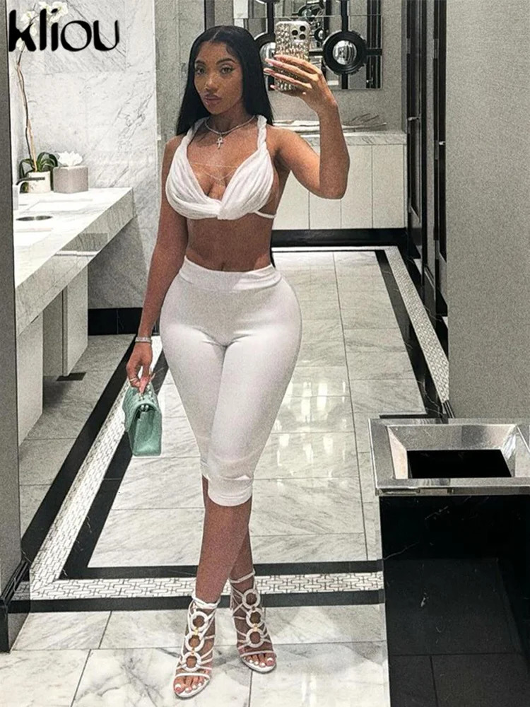 Kliou matching womens 2-piece comfortable suspender ruffled crop canultra-thin elastic shorts womens sexy classic club outfit 250402