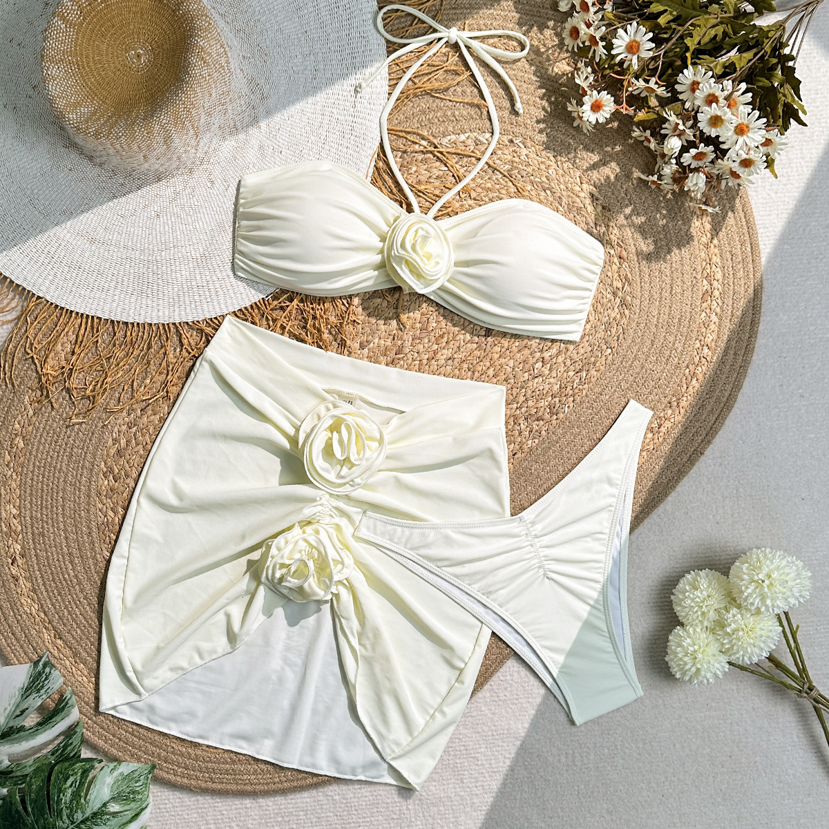 2025 New Solid Color Bikini Female Sexy Hanging Neck Split Swimsuit Three Piece Set