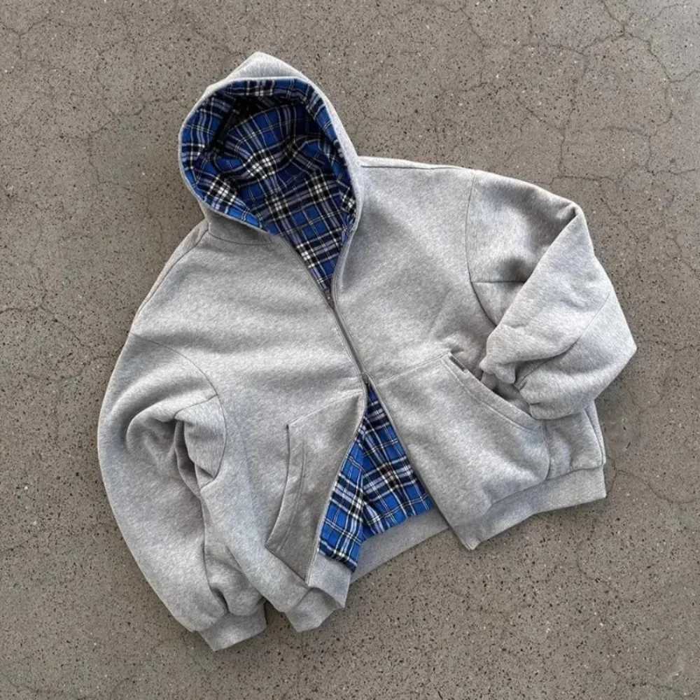 Grey Casual Spring Oversized Reversible Hoodies Women Men Streetwear Clothes Hoodie With Plaid Lining Sweatshirt Streetwear Tops W251106