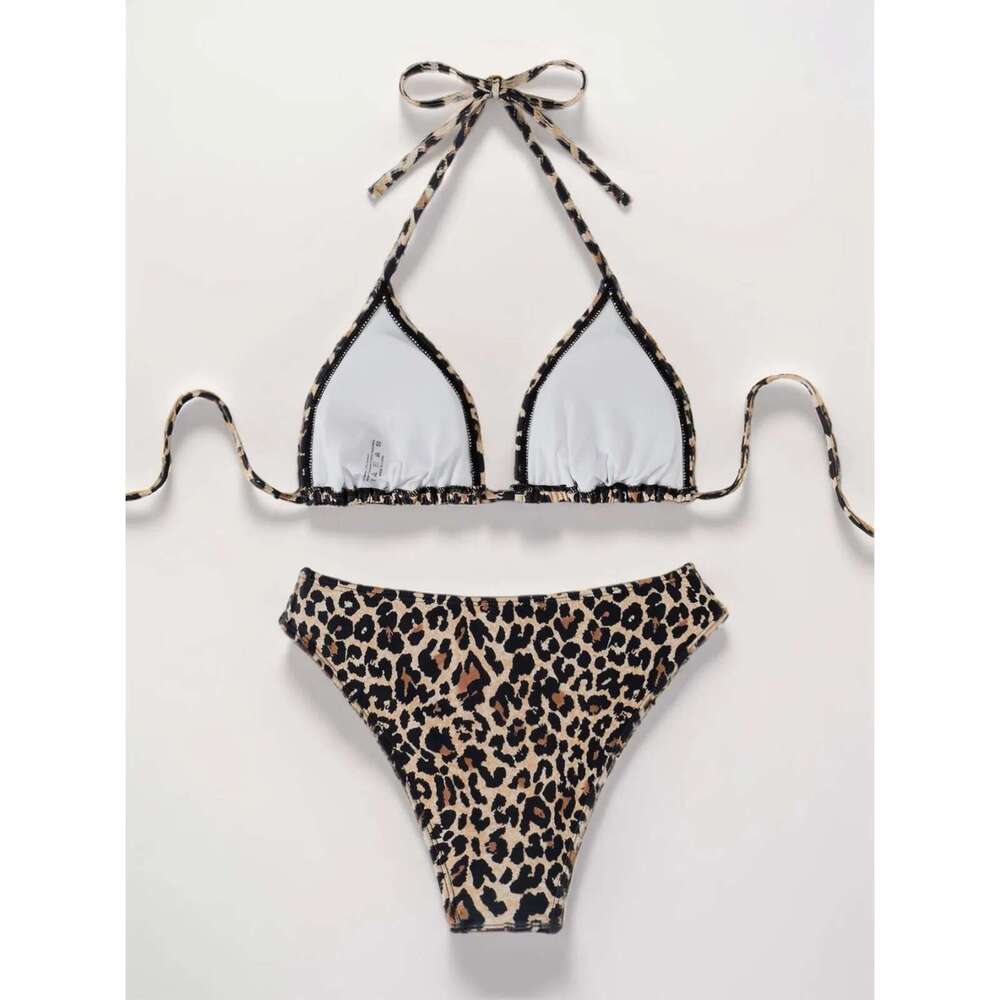 Sexy Leopard Print 2-piece Women's Swimsuit 2024 New Triangle Bra Halter Backless Bikini Set Suspender V-neck Beach Swimwear