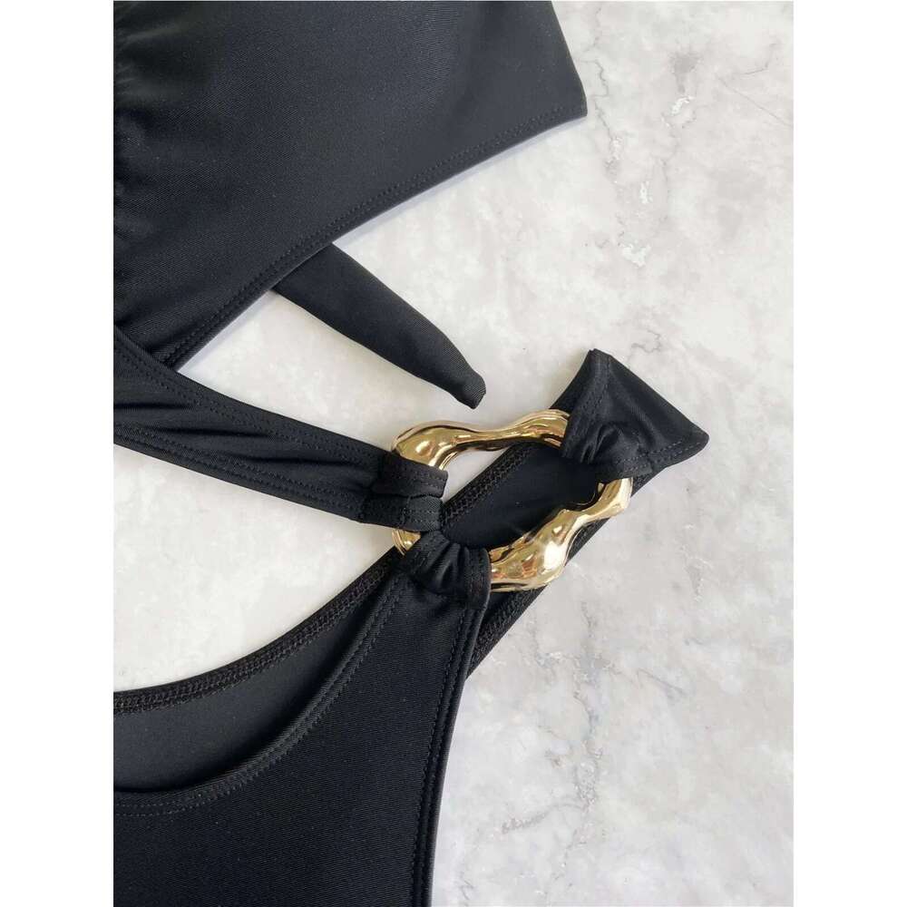 Solid Color Black One Piece Swimsuit for Women Irregular Hollow Out Bikini Monokini Sexy High Waist Cross Swimwear 2024 New