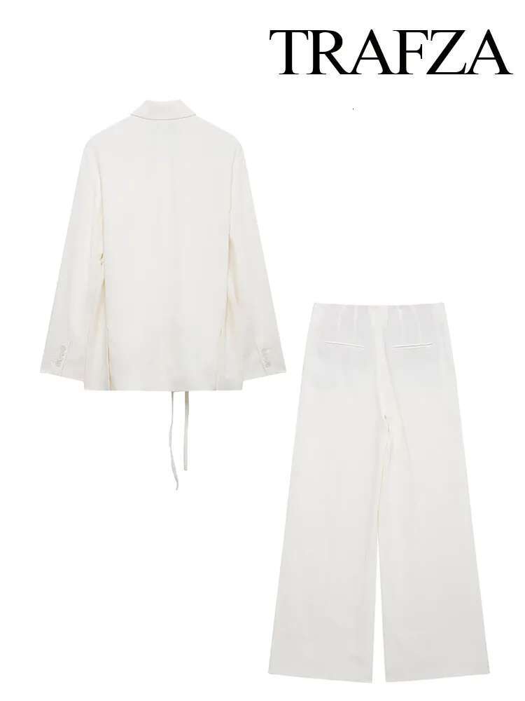 Women's Suits White Turn-Down Collar Sleeves Lace-Up Blazers+High Waist Zipper Long Pants Female Spring Fashion Sets