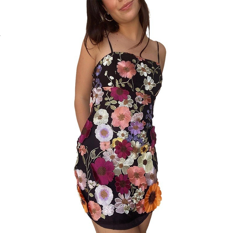 Spring 2025 New Style Elegant Three-dimensional Flower Mesh Splicing Heavy Embroidery Suspender Dress Short Skirt