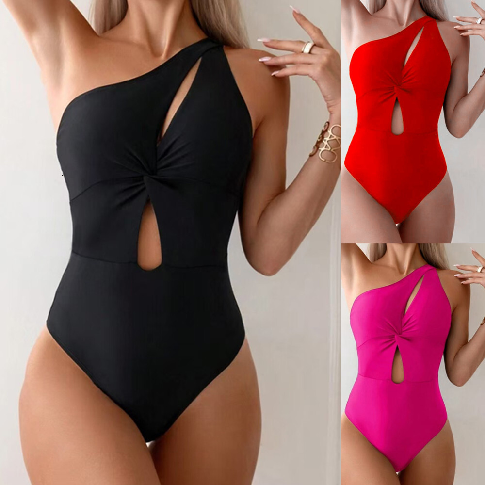 2025 new solid color one-piece triangle single shoulder tight swimsuit for women, Huludao