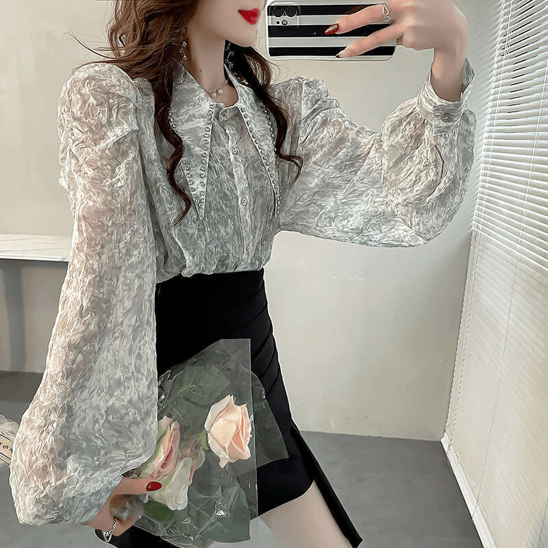 Studded Shiny Silk Chiffon Blouse New Women's Light Luxury Bubble Sleeve Shirt Fairy-like Flowing Top Autumn