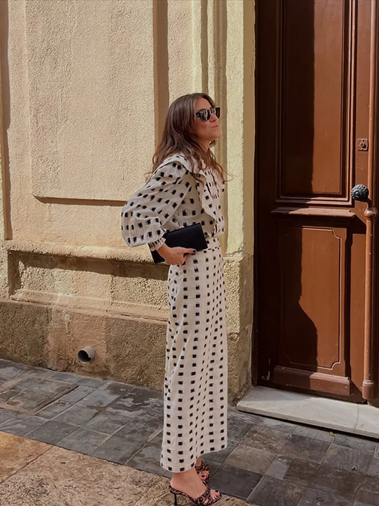 Fashion printed patch work light sleeve jacket set for womens casual loose high waisted A-line skiing Vocation streetwear 250402